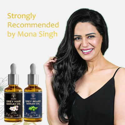 Mona Singh suggesting Grey Hair Serum Oil and Grey Beard Serum Oil Combo