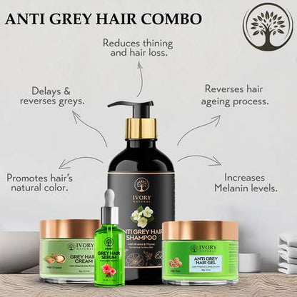 Anti Grey Hair Advanced Combo (Serum, Shampoo, Cream & Gel) - 100% Ayush Certified- For Premature Greying Hair from Grey To Black (Both Men & Women)