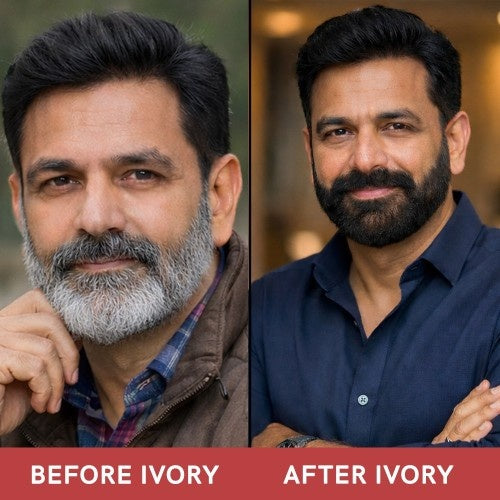 Ivory Natural Grey Beard Gel and Black Beard Color Shampoo Combo Before and After