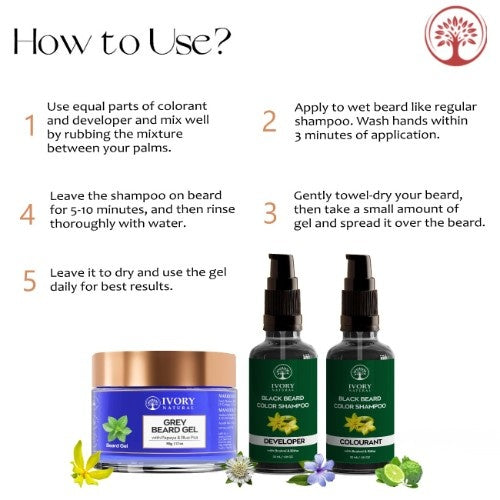 Ivory Natural Grey Beard Gel and Black Beard Color Shampoo Combo How to Use