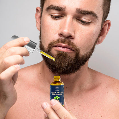 Men Using Grey Hair Oil and Grey Beard Serum Oil Combo