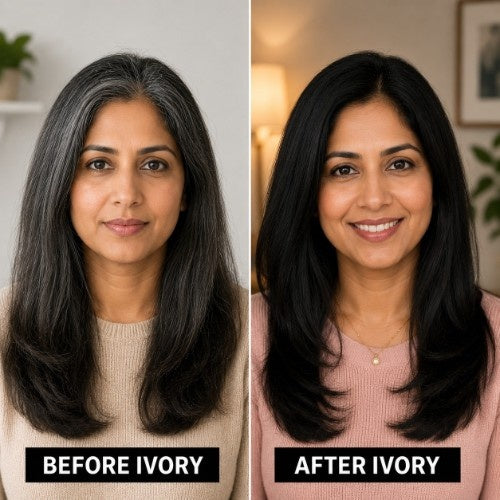 Radhika Gupta Before After Testimonial for Ivory Natural Anti Grey Hair Serum 