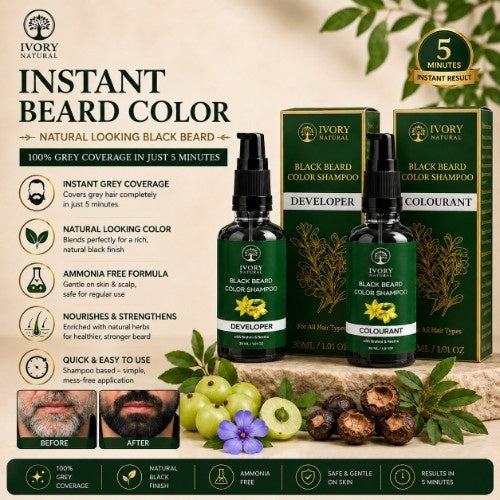 Ivory Natural Black Beard Color Shampoo set with packaging and ingredients on a natural background