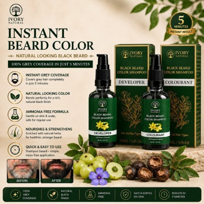 Ivory Natural Black Beard Color Shampoo set with packaging and ingredients on a natural background