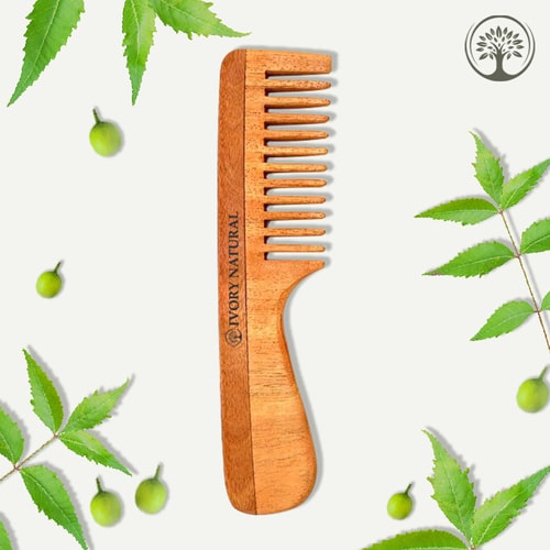 Ivory Natural Neem Kacchi Wooden Comb With Handle
